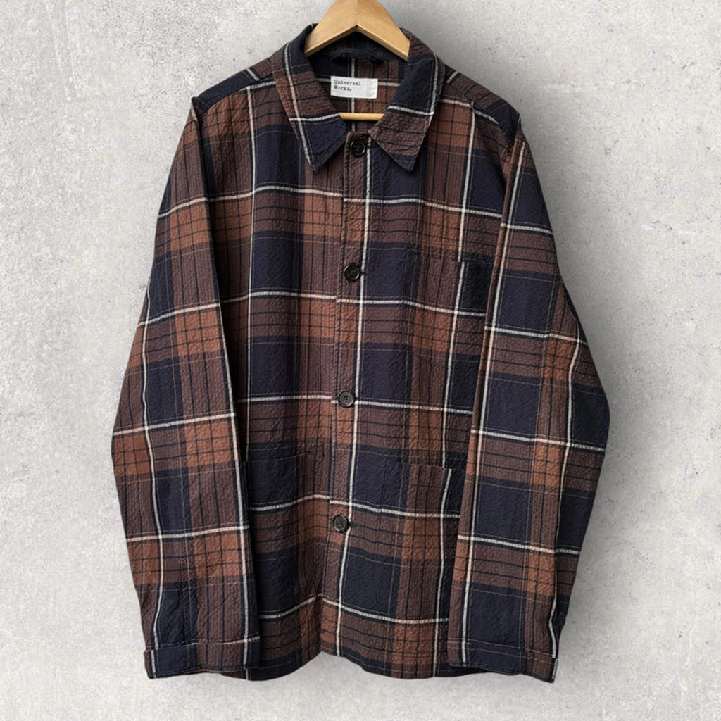 Universal Works Check Seersucker Overshirt Brown/Navy Size XL