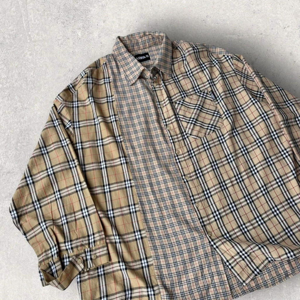 Ajobyajo Korean Plaid Oversized Shirt Beige XL