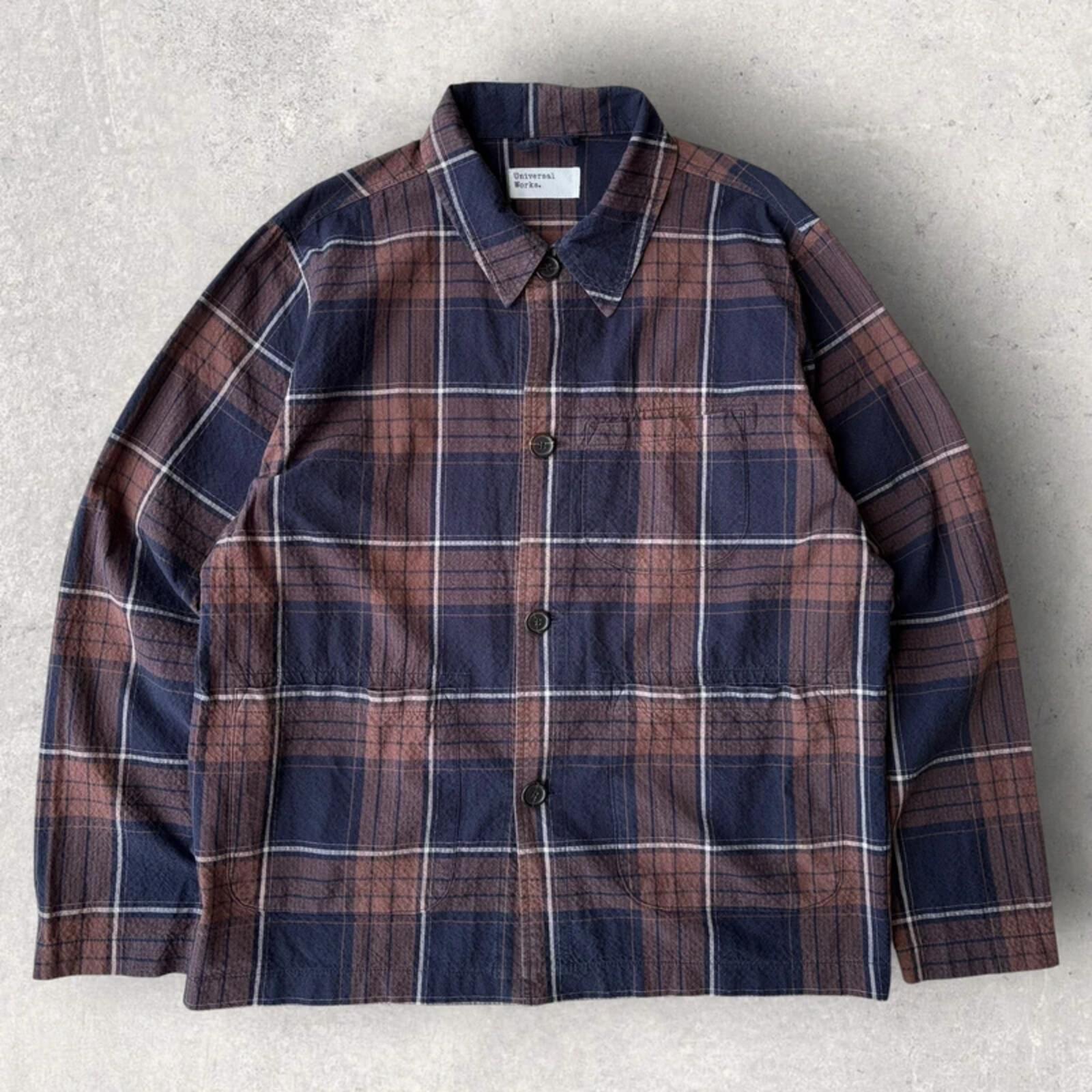 Universal Works Check Seersucker Overshirt Brown Navy L