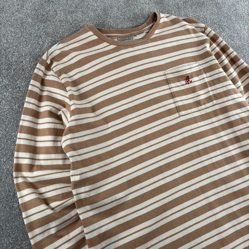 Gramicci Stripe Cropped Long Sleeve Tee Beige S