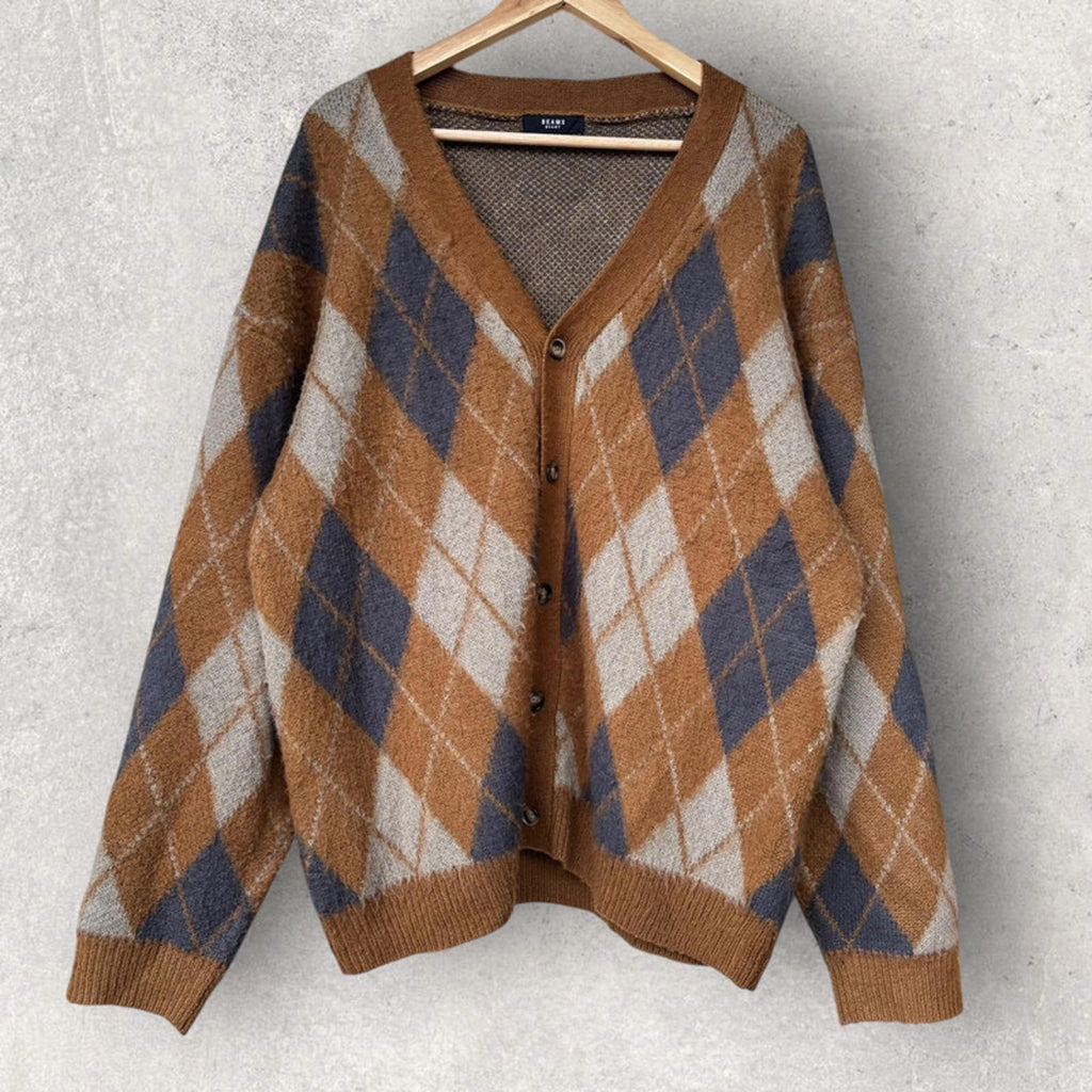Beams Argyle Diamond Cardigan Brown M Japan Import
