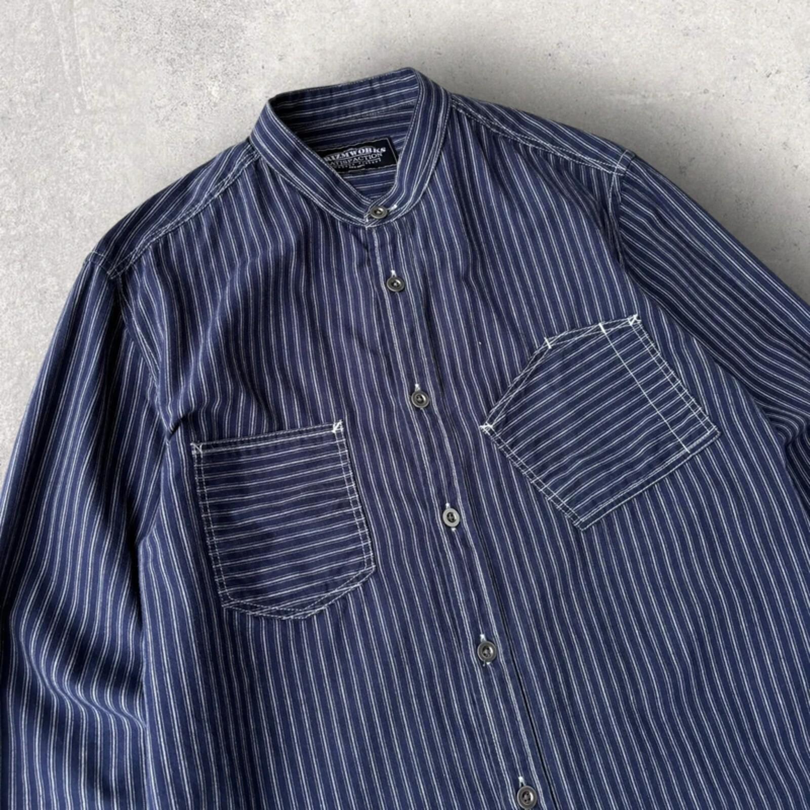 Frizmworks Amekaji  Hickory Stripe Collarless Shirt Navy S