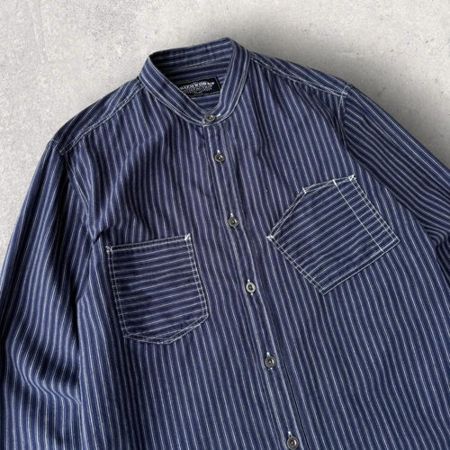 Frizmworks Amekaji  Hickory Stripe Collarless Shirt Navy S