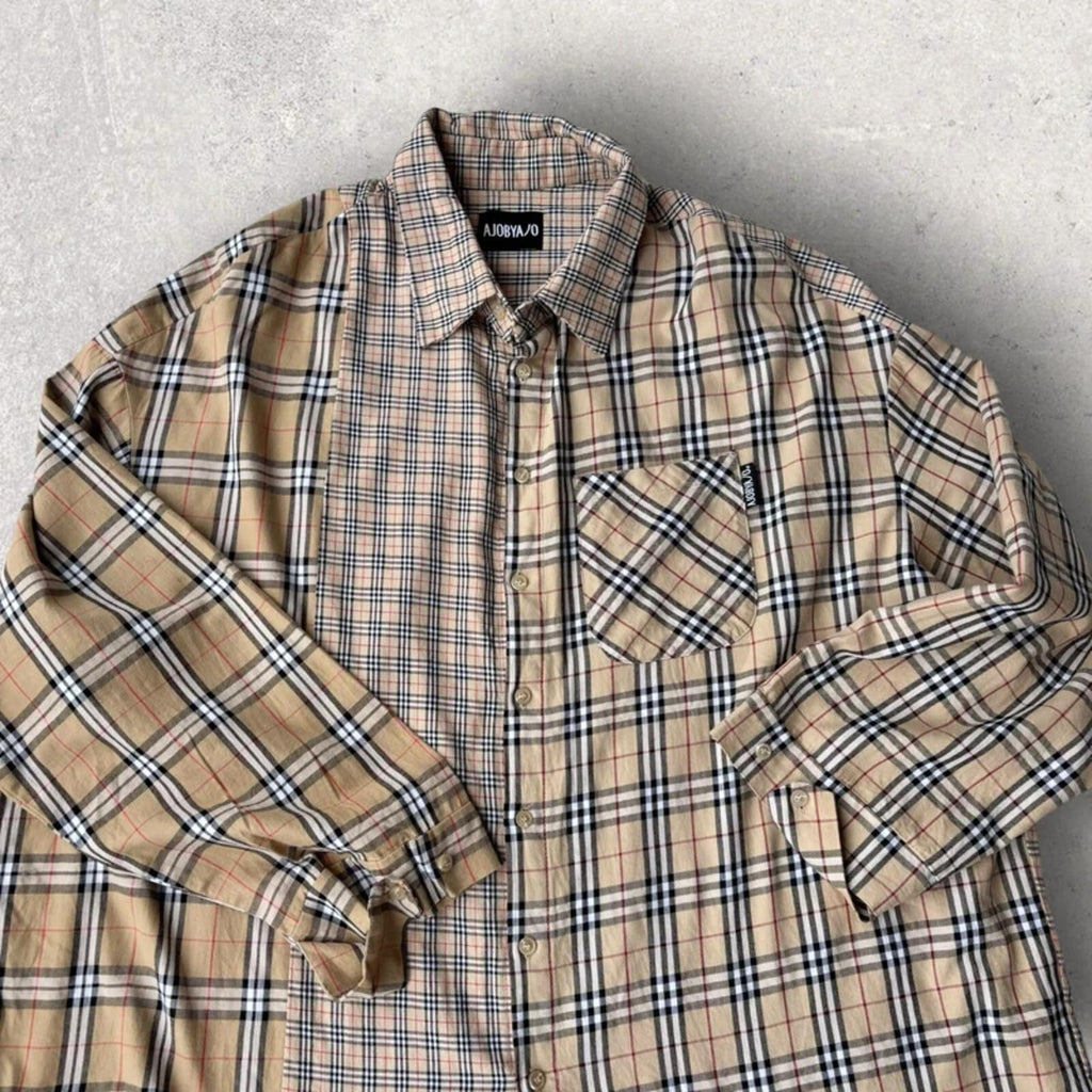 Ajobyajo Korean Plaid Oversized Shirt Beige XL