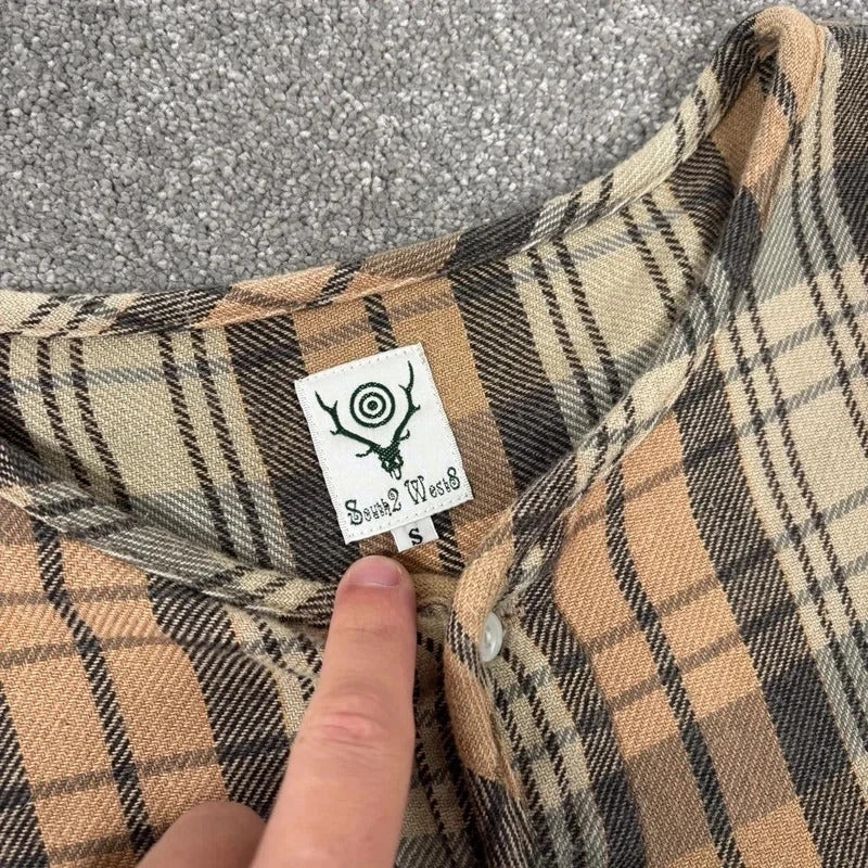 South2 West8 Collarless Check Shirt Beige Blue M