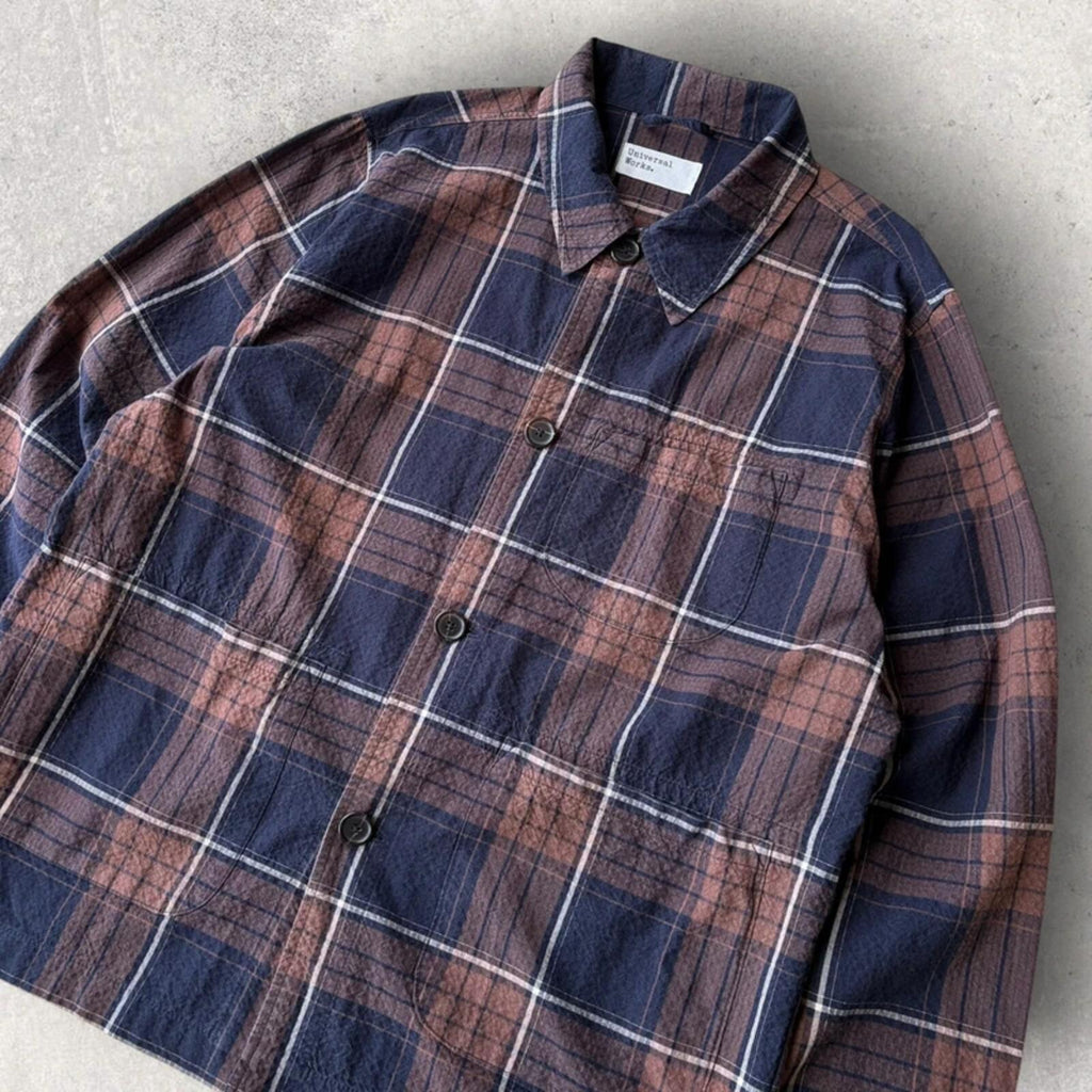 Universal Works Check Seersucker Overshirt Brown Navy L