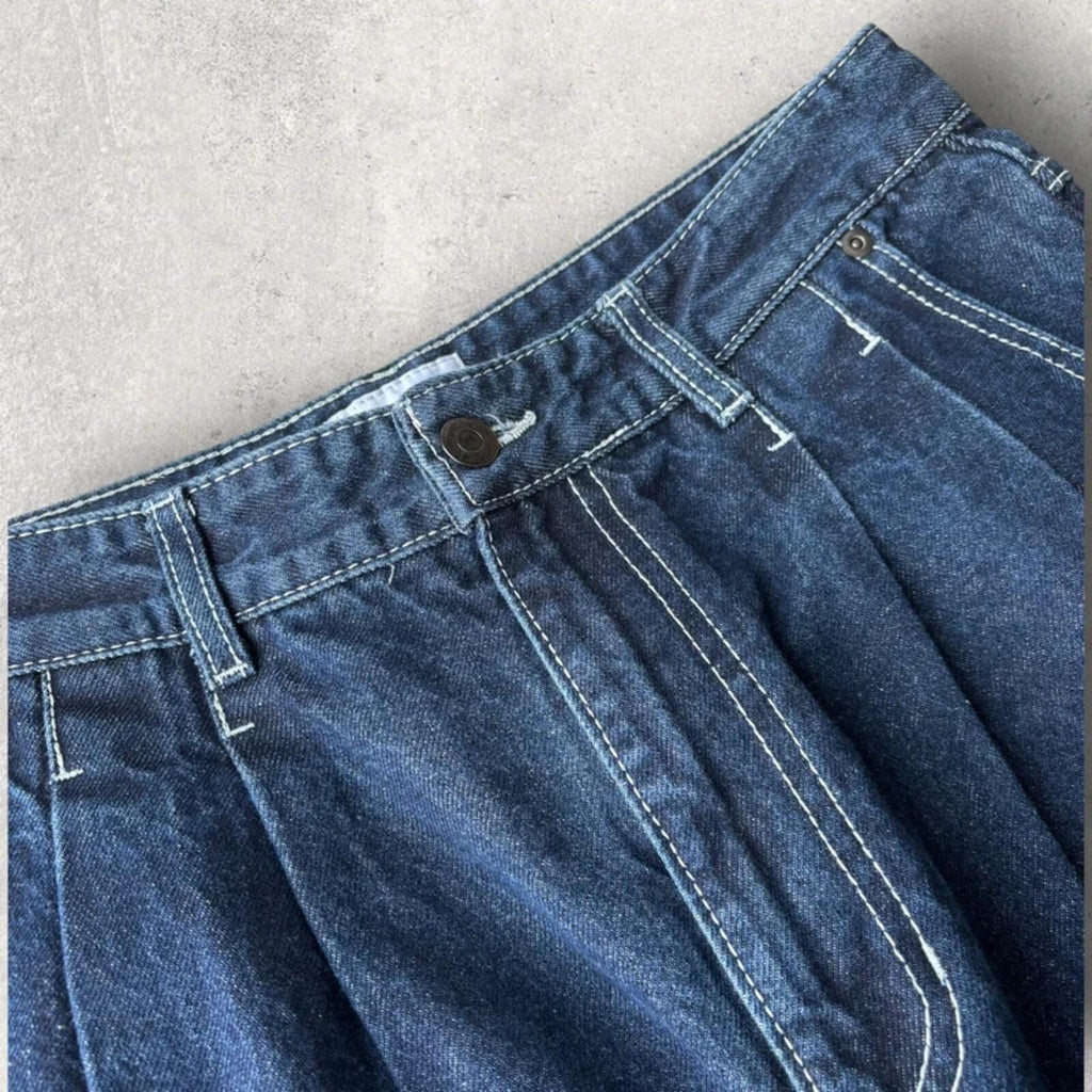 Covernat Double Pleated Korean Wide Denim Jeans Blue M