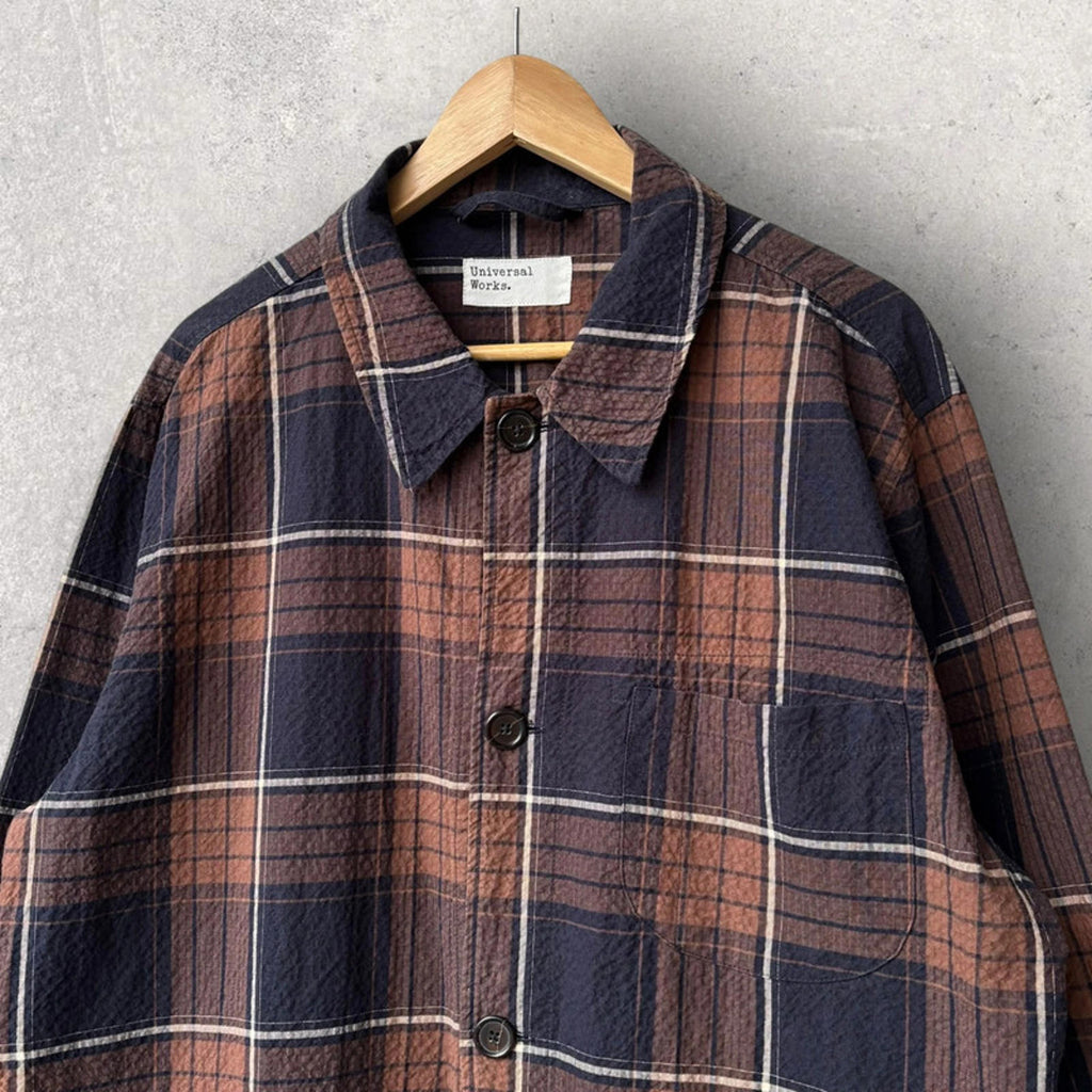 Universal Works Check Seersucker Overshirt Brown/Navy Size XL