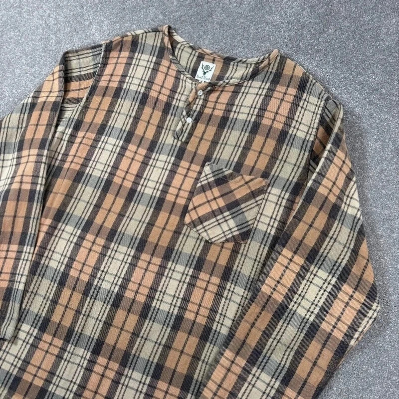 South2 West8 Collarless Check Shirt Beige Blue M