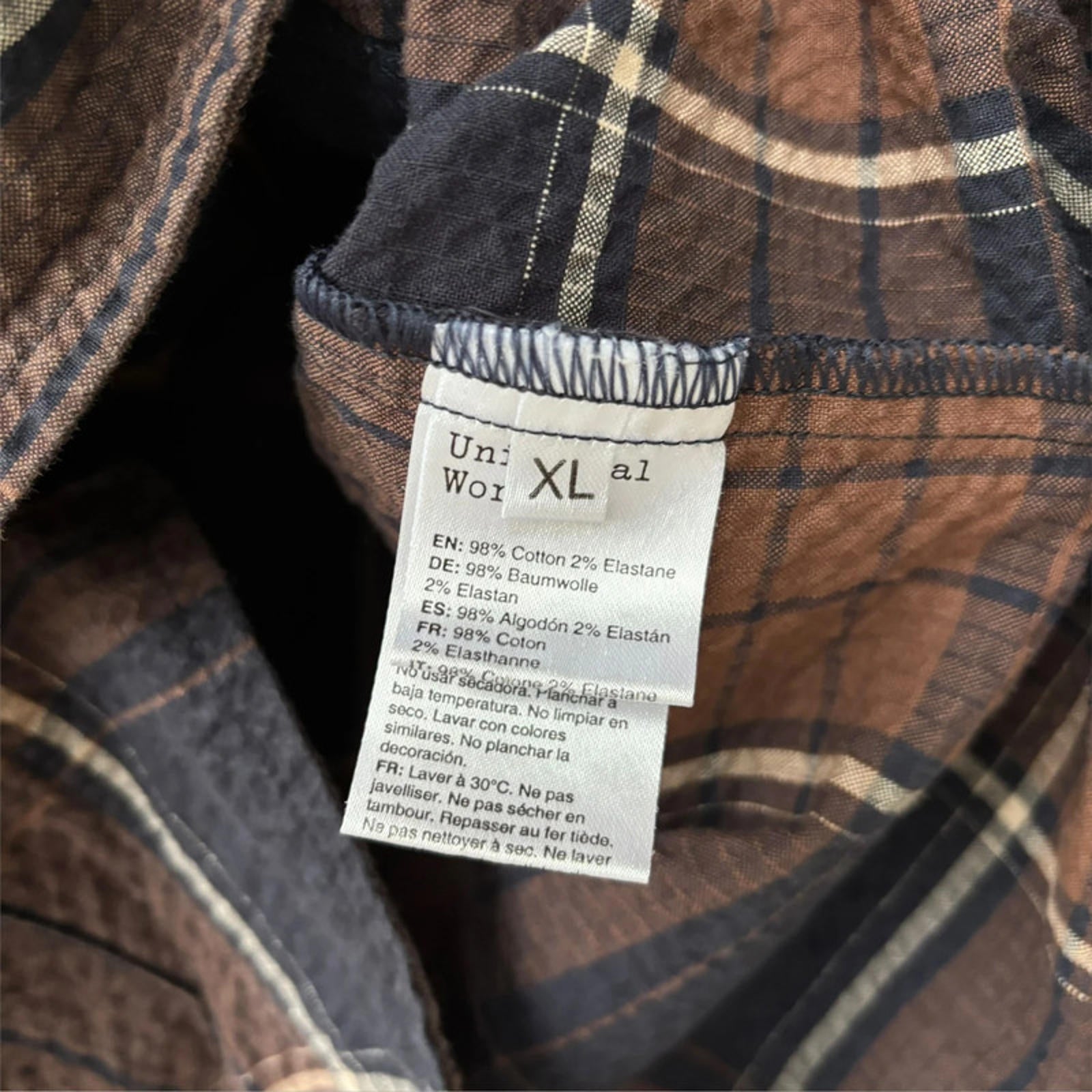 Universal Works Check Seersucker Overshirt Brown/Navy Size XL