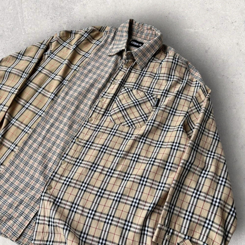 Ajobyajo Korean Plaid Oversized Shirt Beige XL
