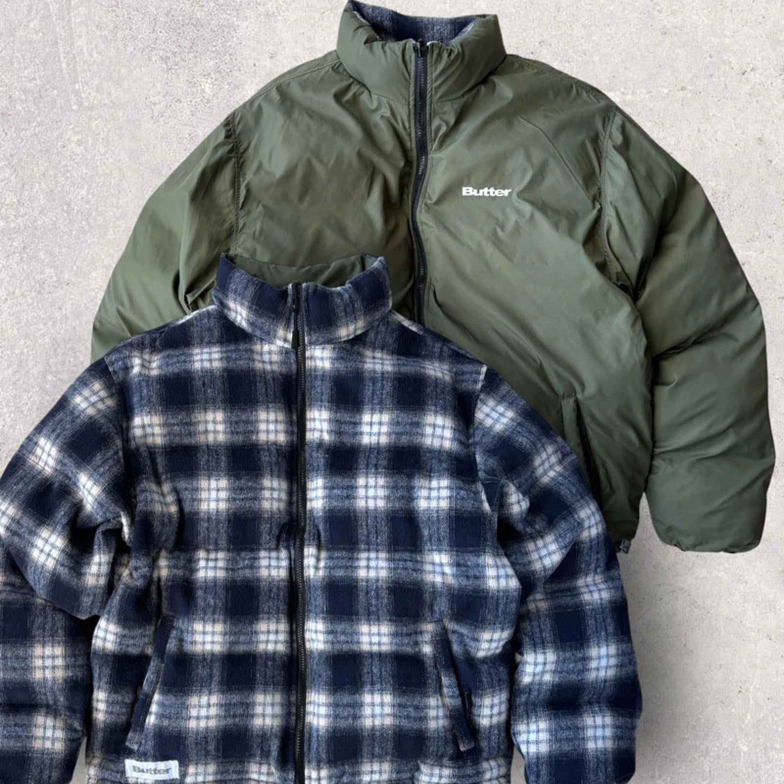 Butter Goods Reversible Plaid Puffer Jacket Blue Size M