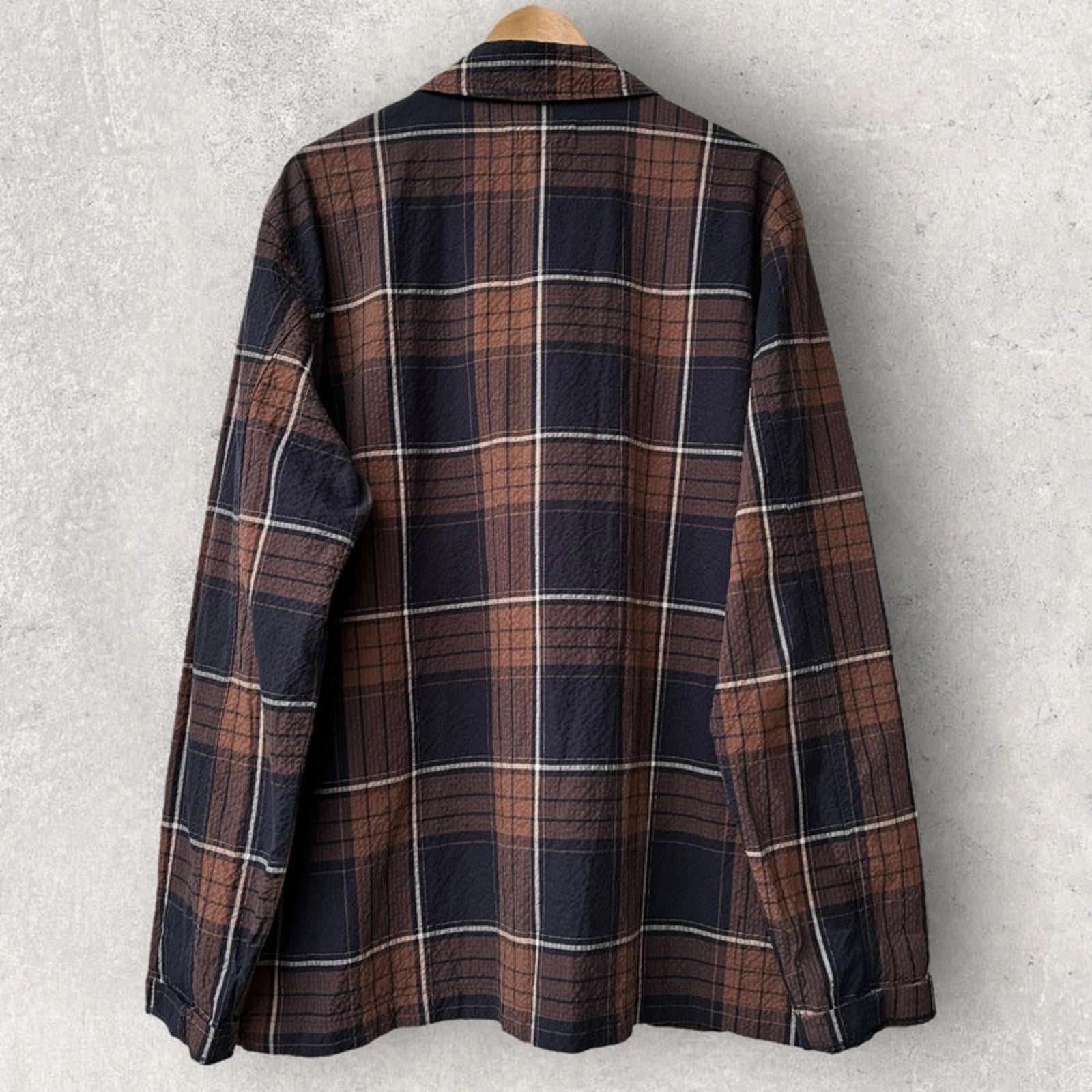 Universal Works Check Seersucker Overshirt Brown/Navy Size XL