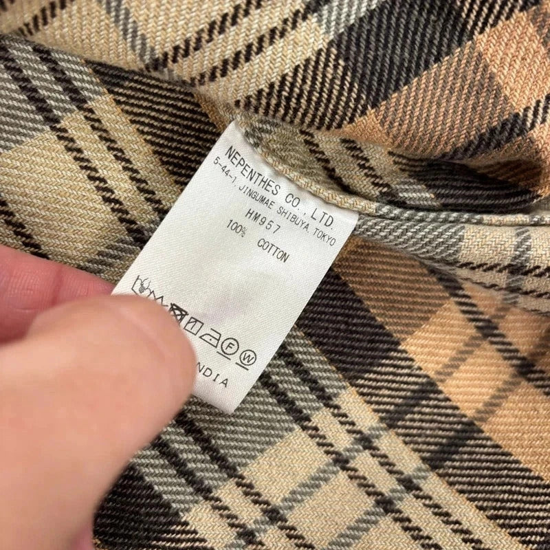 South2 West8 Collarless Check Shirt Beige Blue M