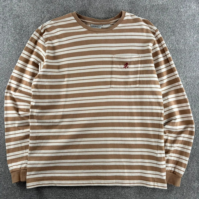 Gramicci Stripe Cropped Long Sleeve Tee Beige S