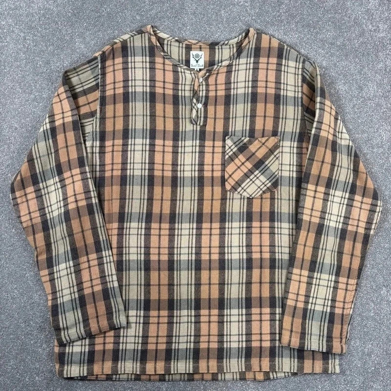South2 West8 Collarless Check Shirt Beige Blue M
