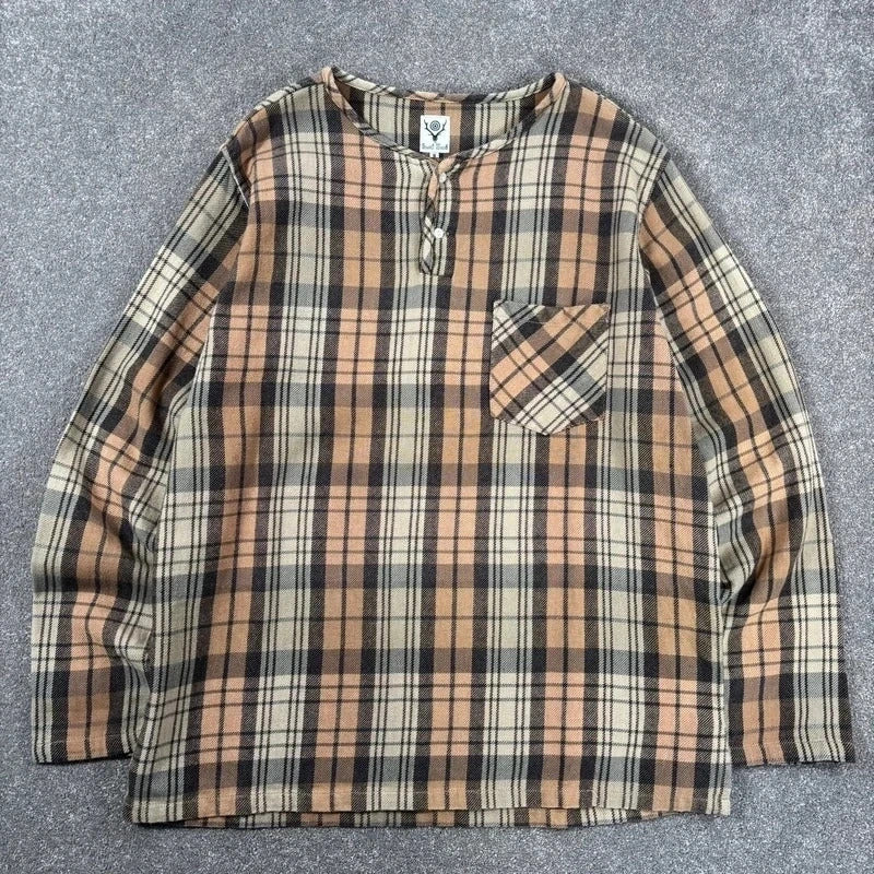 South2 West8 Collarless Check Shirt Beige Blue M