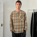 South2 West8 Collarless Check Shirt Beige Blue M