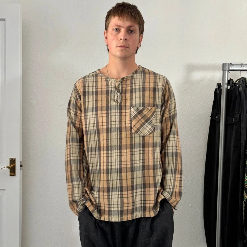 South2 West8 Collarless Check Shirt Beige Blue M