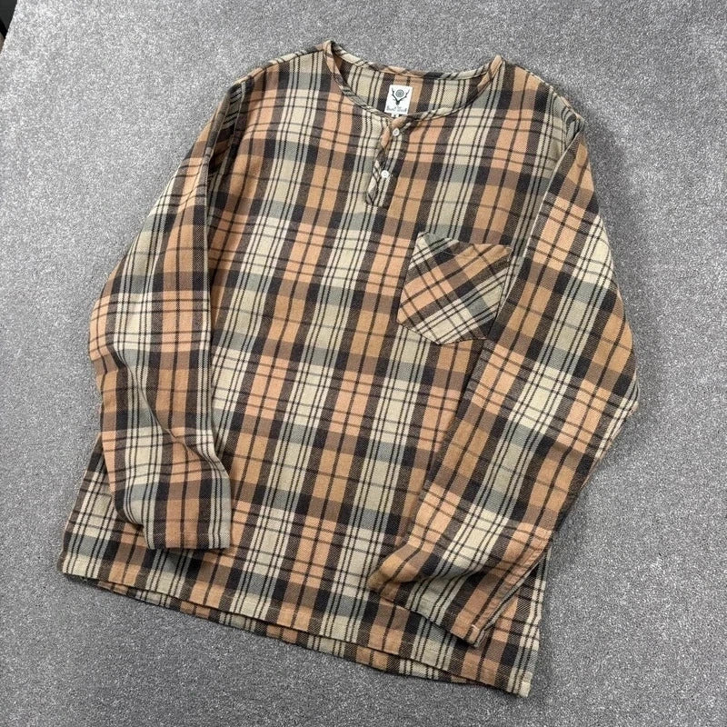 South2 West8 Collarless Check Shirt Beige Blue M