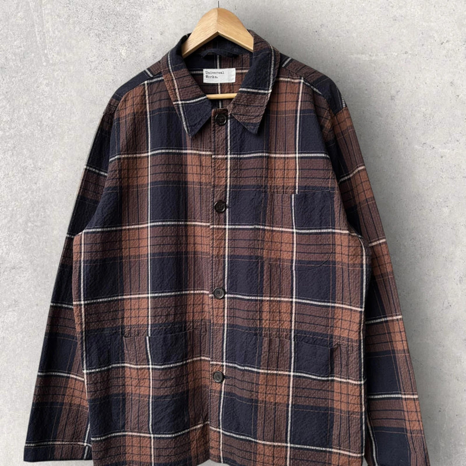 Universal Works Check Seersucker Overshirt Brown/Navy Size XL