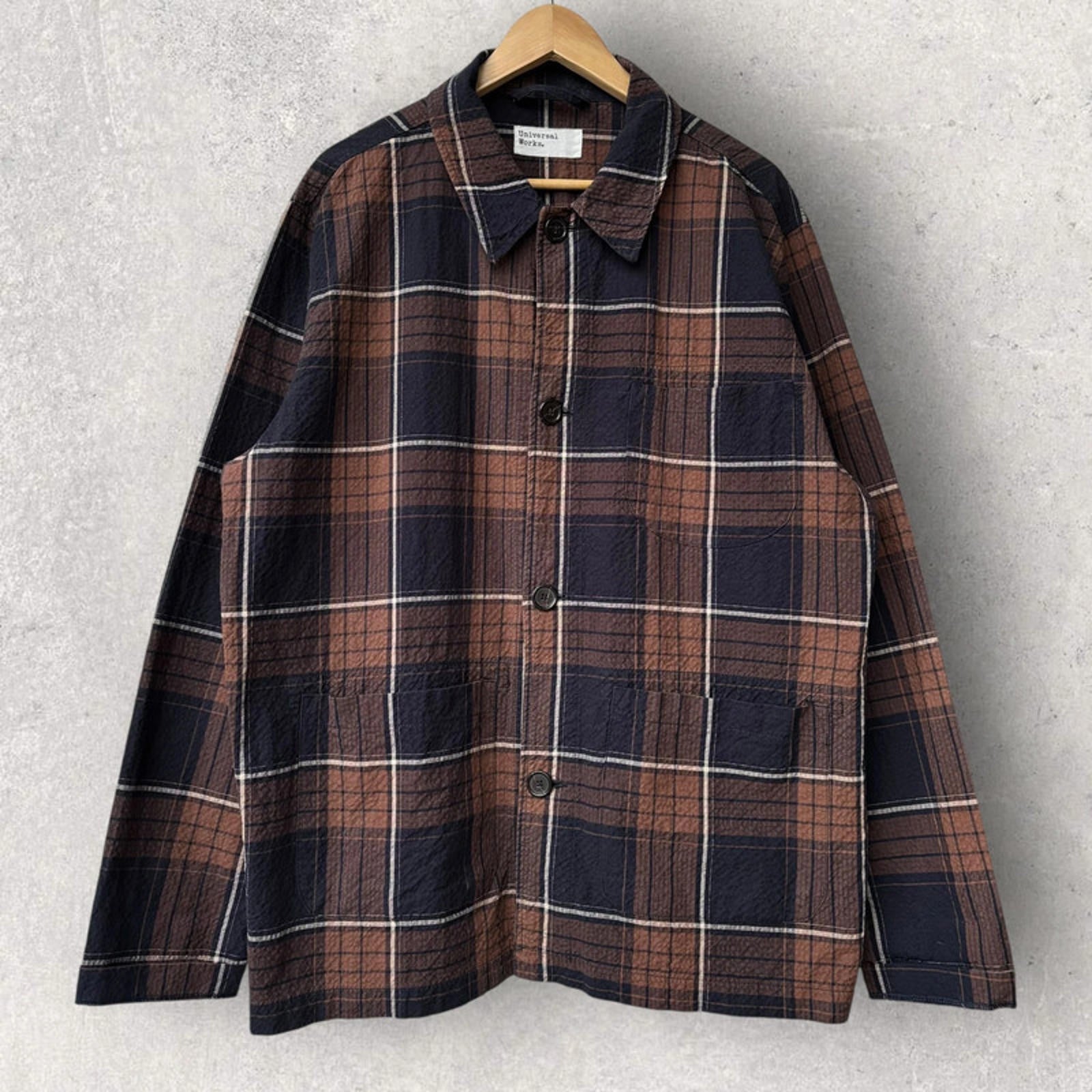 Universal Works Check Seersucker Overshirt Brown/Navy Size XL