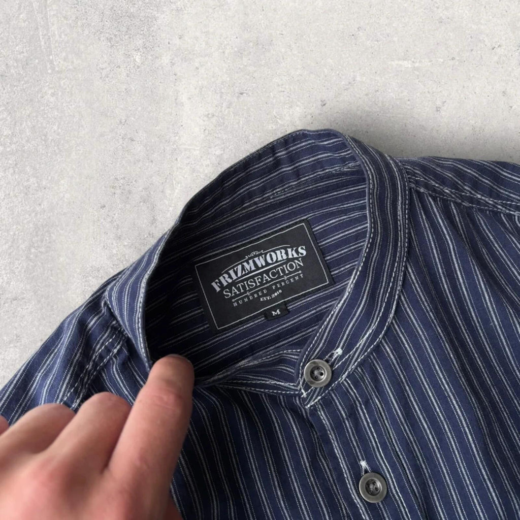 Frizmworks Amekaji  Hickory Stripe Collarless Shirt Navy S