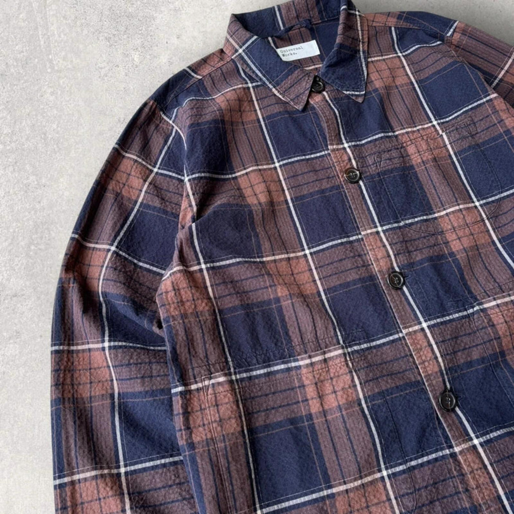 Universal Works Check Seersucker Overshirt Brown Navy L