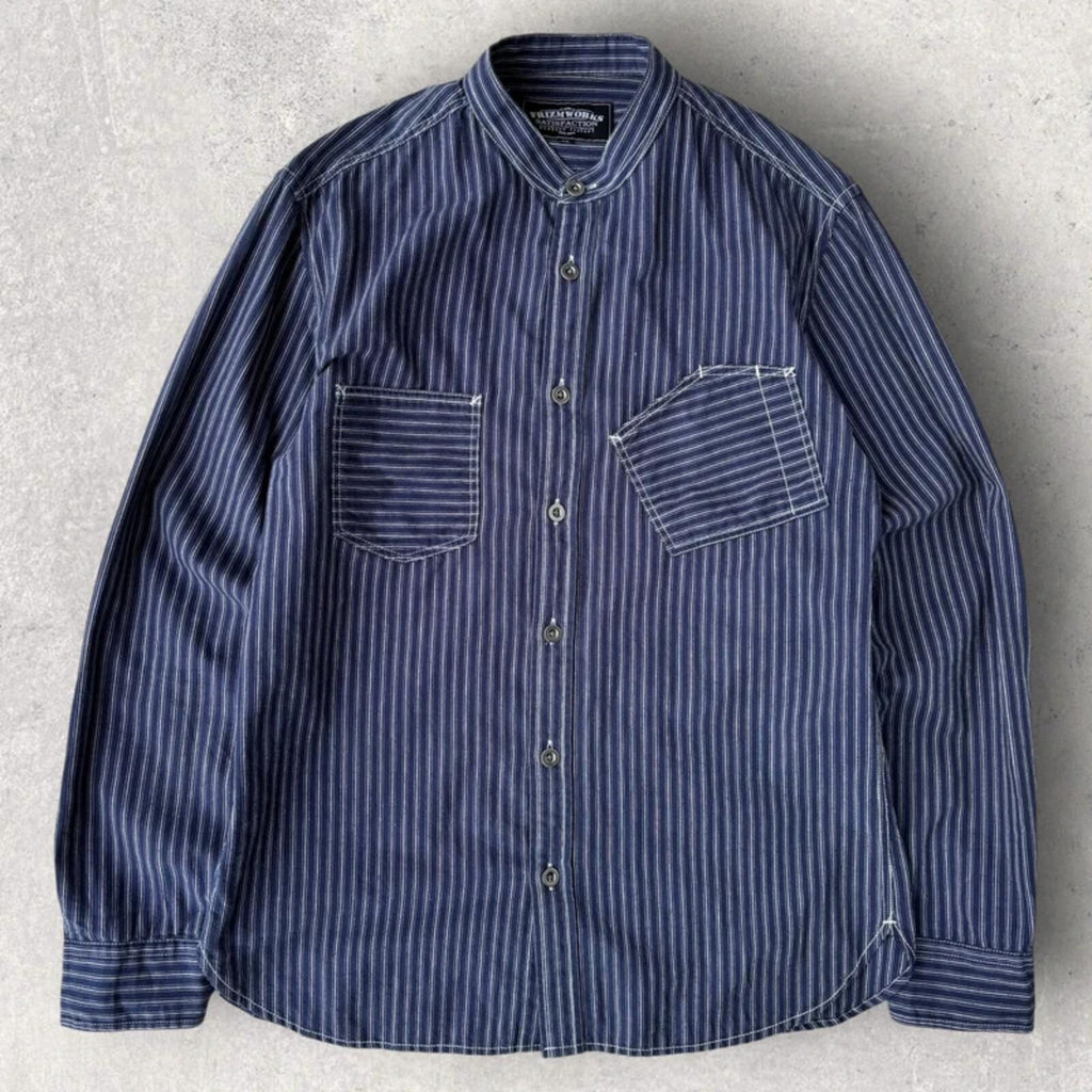 Frizmworks Amekaji  Hickory Stripe Collarless Shirt Navy S