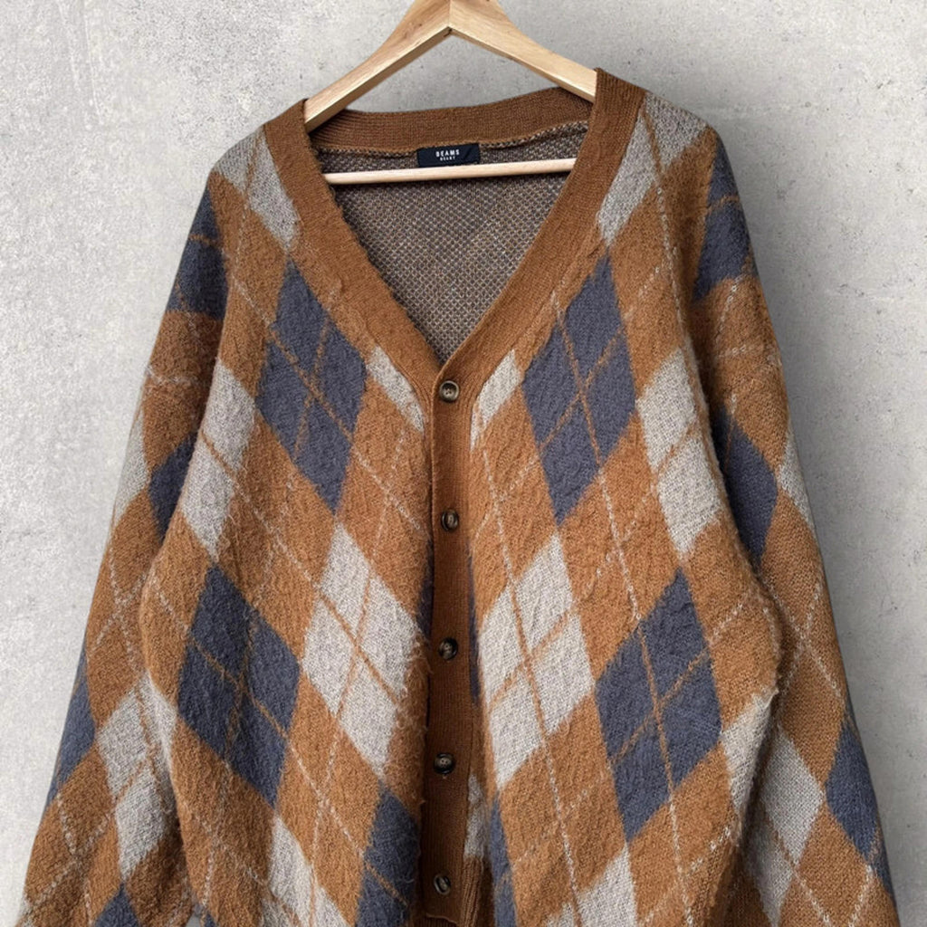 Beams Argyle Diamond Cardigan Brown M Japan Import