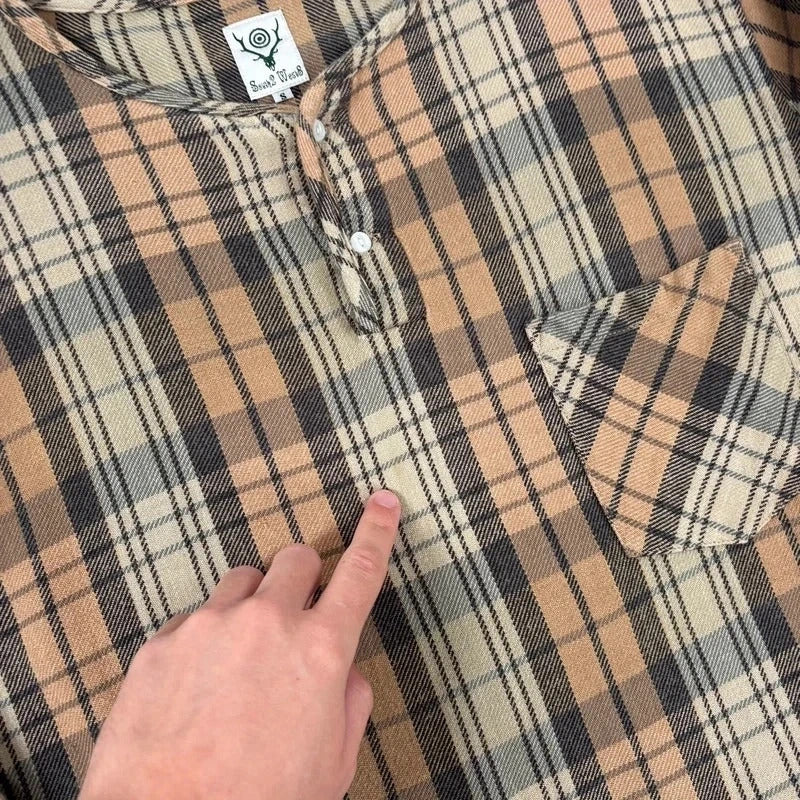 South2 West8 Collarless Check Shirt Beige Blue M
