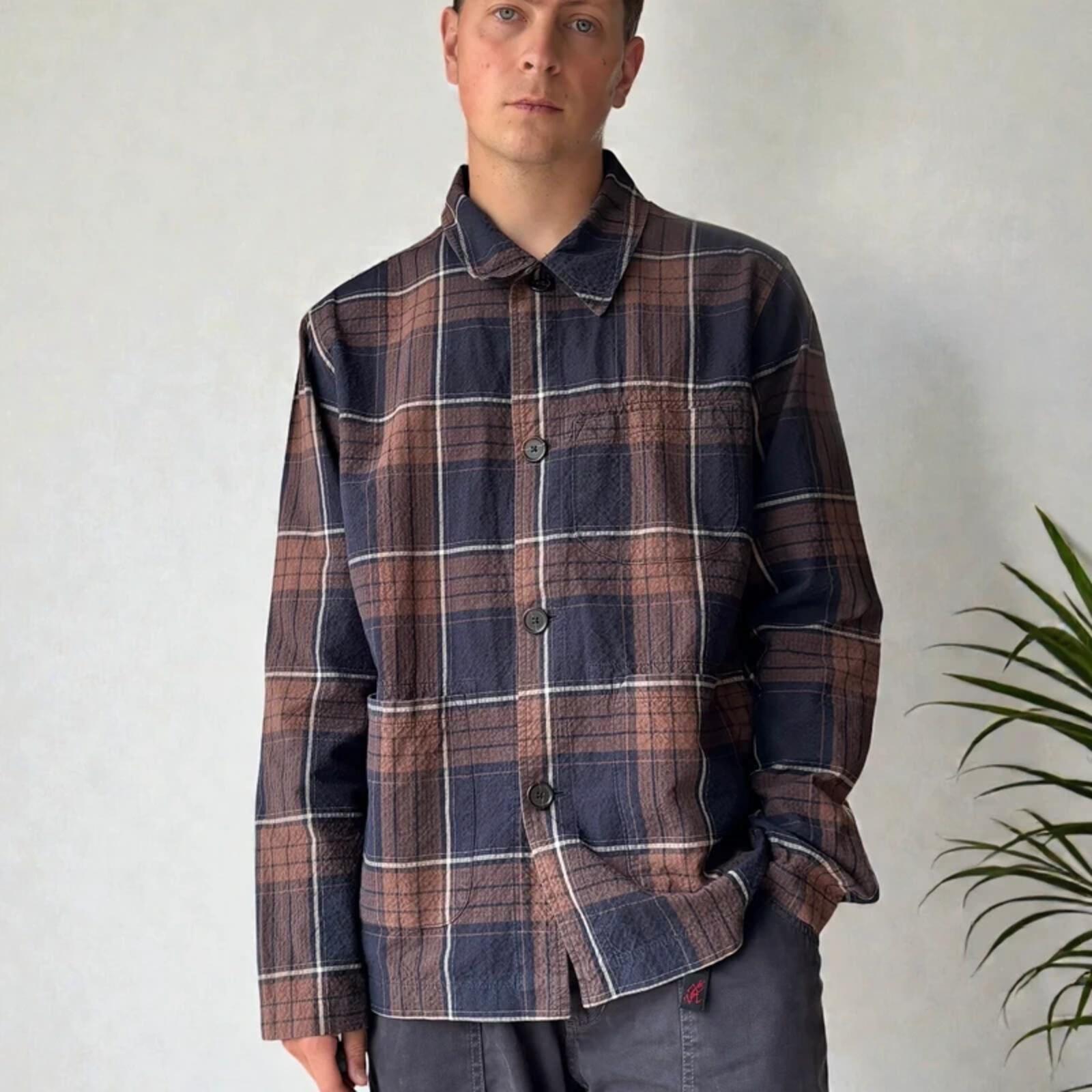 Universal Works Check Seersucker Overshirt Brown Navy L