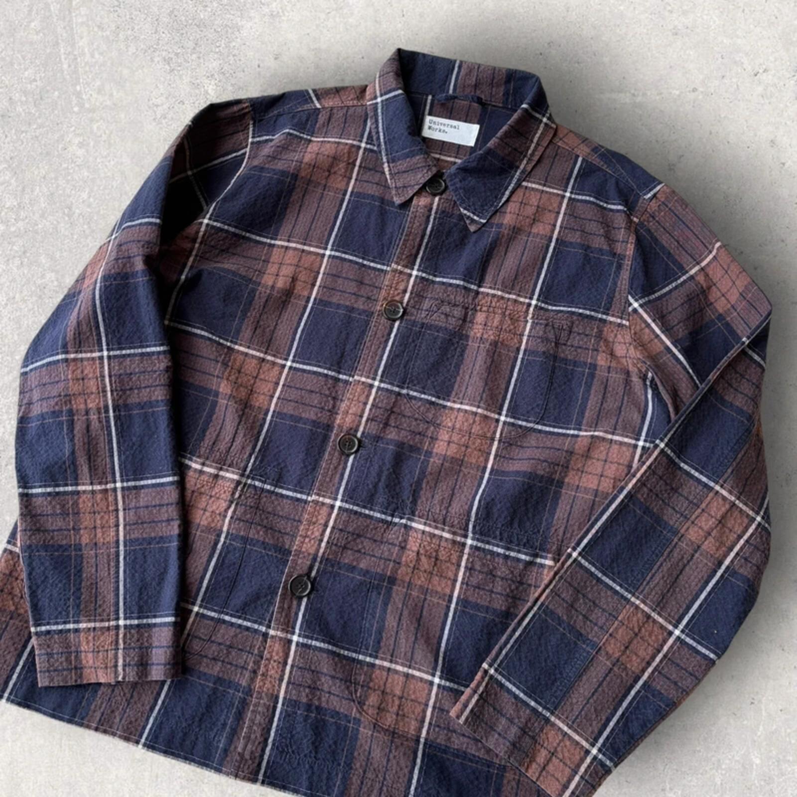 Universal Works Check Seersucker Overshirt Brown Navy L