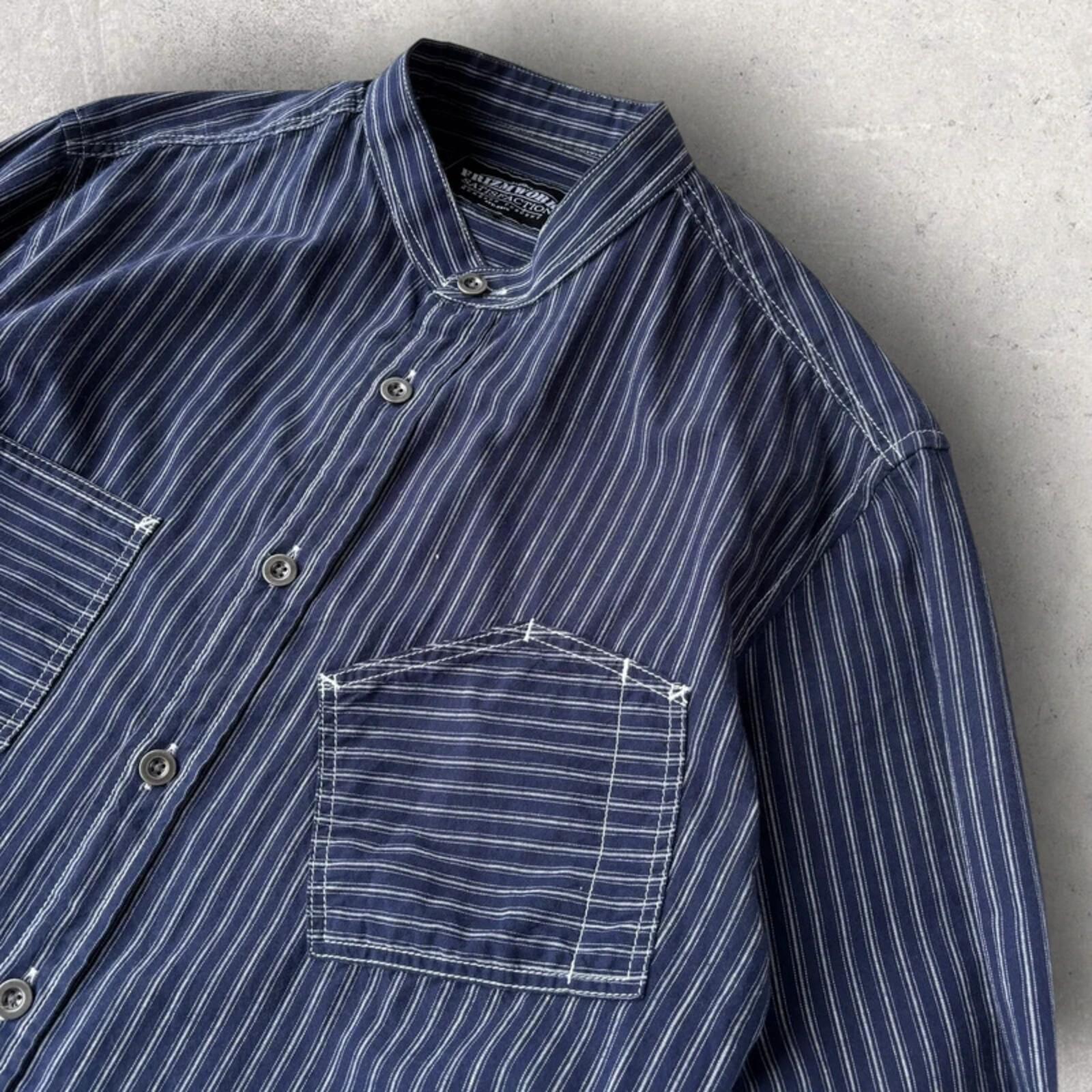 Frizmworks Amekaji  Hickory Stripe Collarless Shirt Navy S
