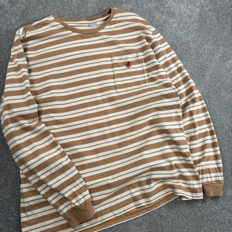 Gramicci Stripe Cropped Long Sleeve Tee Beige L