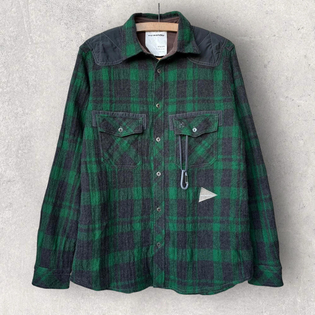 And Wander Check Technical Shirt Green Size S Japan Import