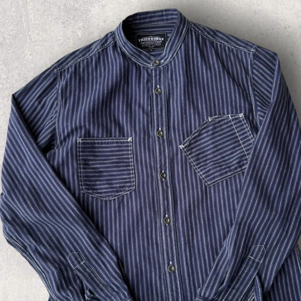 Frizmworks Amekaji  Hickory Stripe Collarless Shirt Navy S