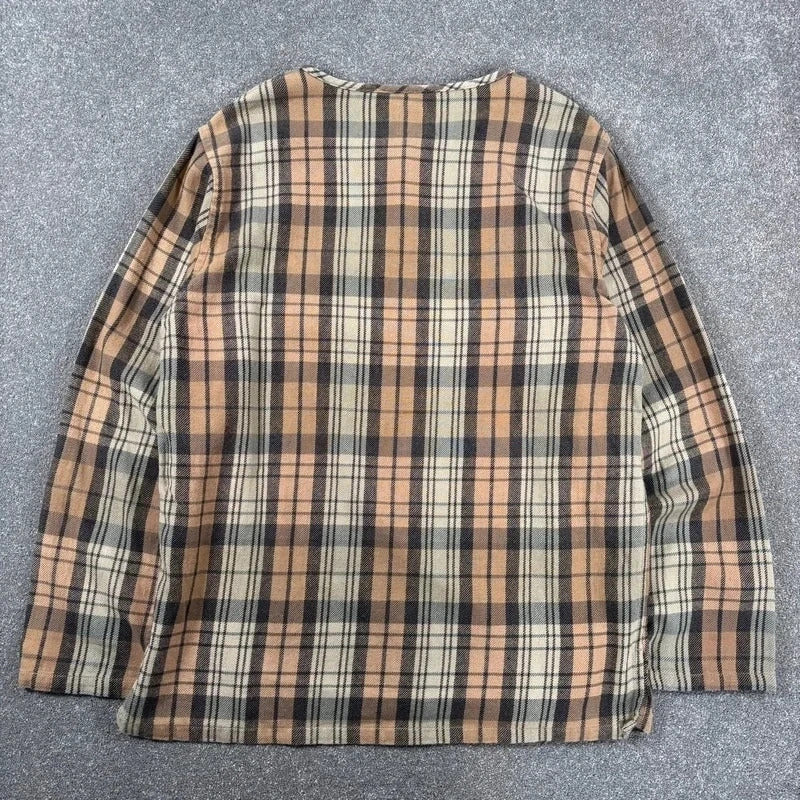 South2 West8 Collarless Check Shirt Beige Blue M