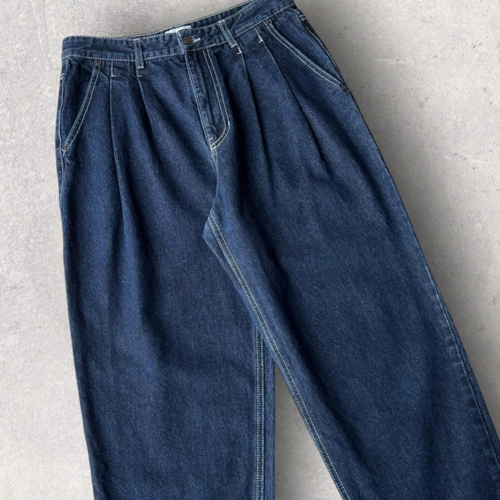 Covernat Double Pleated Korean Wide Denim Jeans Blue M
